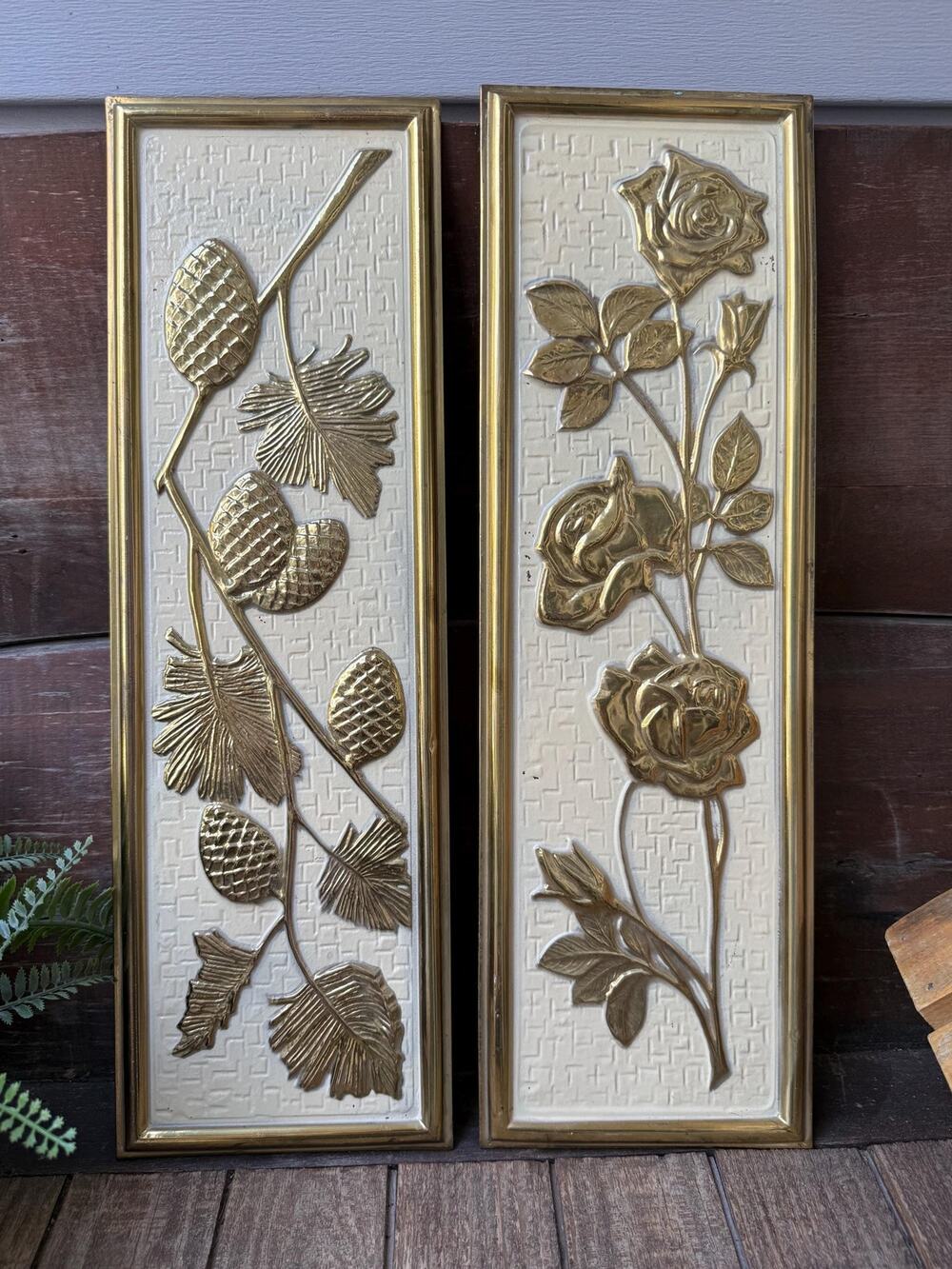 Elpec Floral Wall Plaques Pair | Gold Pinecone Rose Wall Art